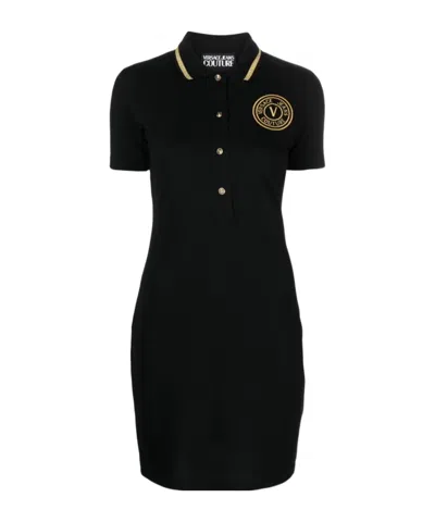 Versace Jeans Couture V-emblem Straight Hem Polo Dress In Black