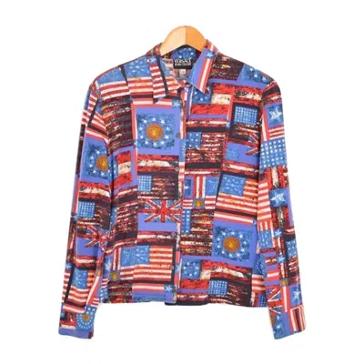 Pre-owned Versace Jeans Couture Versace Vintage 1990s Fitted Long Sleeve Flag Pattern Shirt With Medusa Logo In Brown