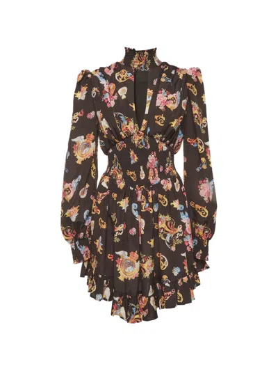 Pre-owned Versace Jeans Couture Versailles Print Smocked Mini Dress In Black