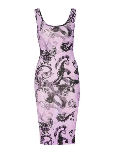 Versace Jeans Couture Lilac Watercolor Baroque Dress In Purple
