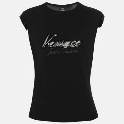 Pre-owned Versace Jeans Couture Vintage Black Logo Embroidered Jersey Sleeveless Top L