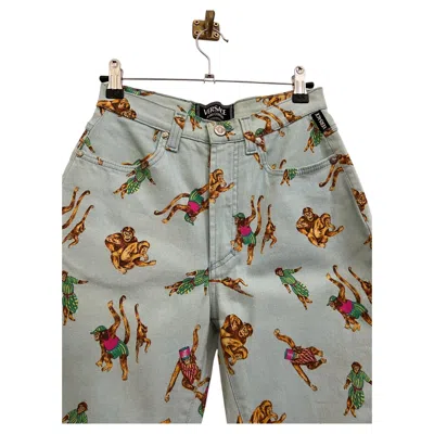 Pre-owned Versace Jeans Couture Vintage Gianni  1990's Blue High Waisted Monkey Print Jeans