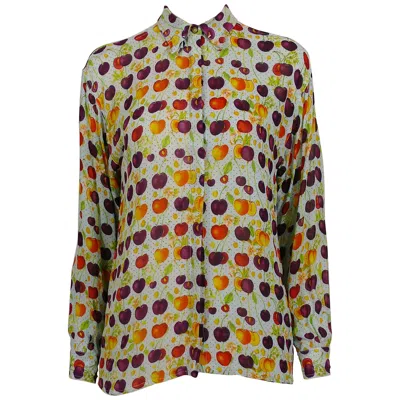 Pre-owned Versace Jeans Couture Vintage Multicolour Cherry Print Semi Sheer Blouse Size S In Brown