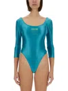 Versace Jeans Couture Warranty Logo Bodysuit With Deep Scoop Neckline In Blue