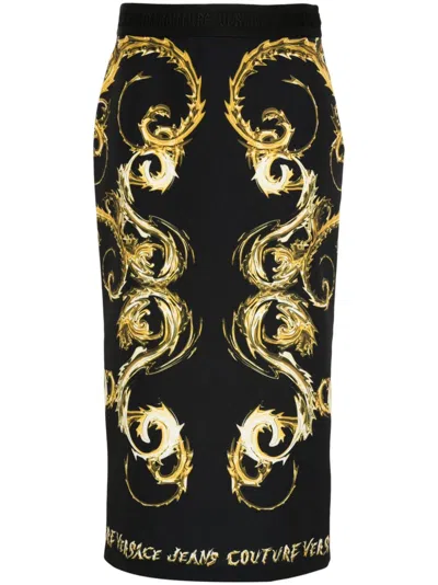 Versace Jeans Couture Watercolor Couture-print Midi Skirt In Black