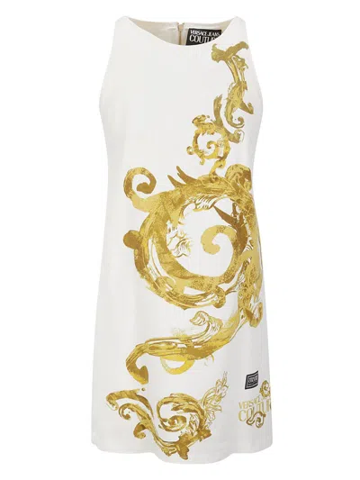 Versace Jeans Couture Watercolour Couture Sleeveless Mini Dress In White Gold