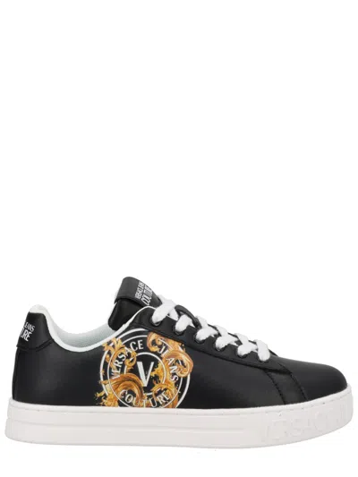 Versace Jeans Couture Wave Low-top Smooth Gold Logo Leather Sneakers In Black
