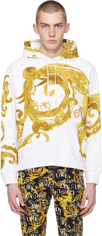 Versace Jeans Couture White & Gold Watercolor Couture Hoodie In Eg03 White/gold