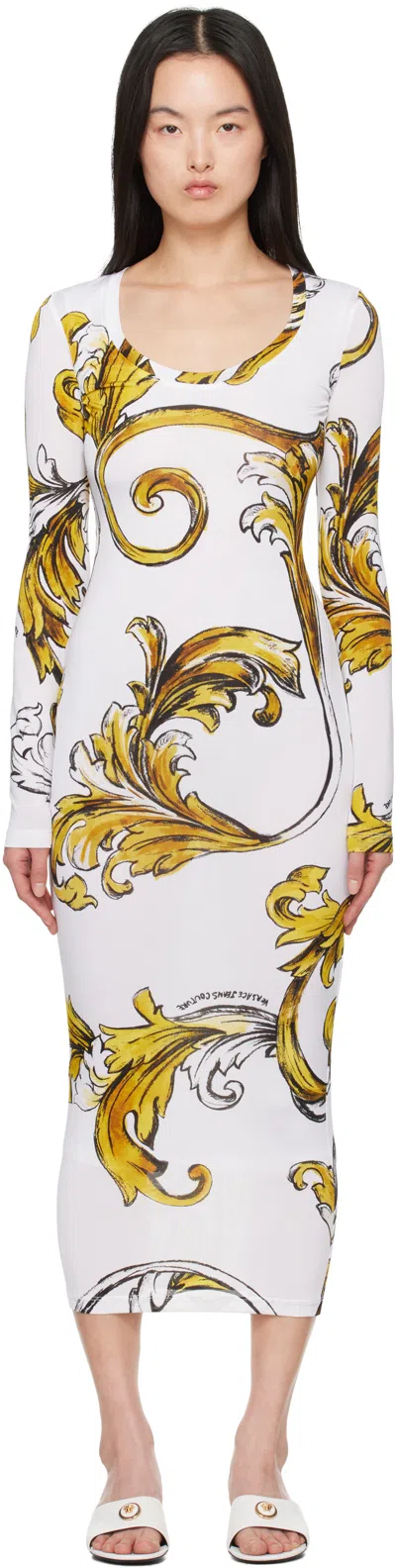 Versace Jeans Couture White & Yellow Outline Barocco Midi Dress In Eg03 White/gold