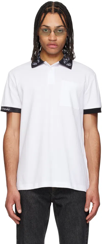 Versace Jeans Couture White Baroque Collar Polo In E003-white