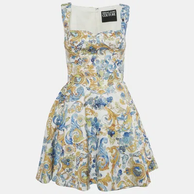 Pre-owned Versace Jeans Couture White Baroque Print Mini Sleeveless Dress S In Blue