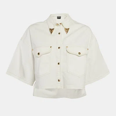 Pre-owned Versace Jeans Couture White Denim Embellished Collar Crop Jacket M
