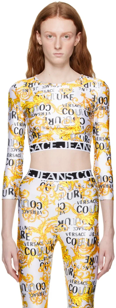 Versace Jeans Couture White Graphic Long Sleeve T-shirt In Eg03 White + Gold