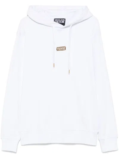 Versace Jeans Couture White Hoodie In Cotton With Gold Label With Logo