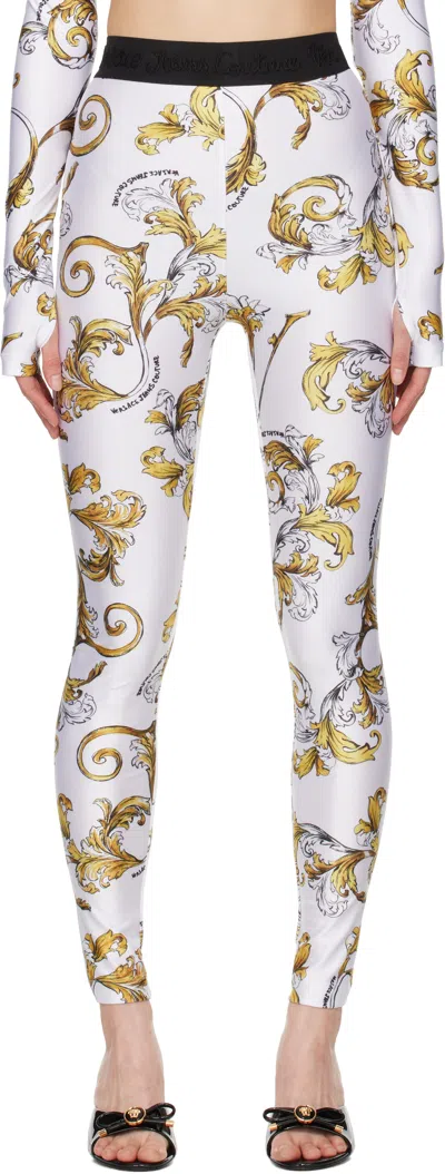 Versace Jeans Couture White Outline Barocco Leggings In Eg03 White/gold