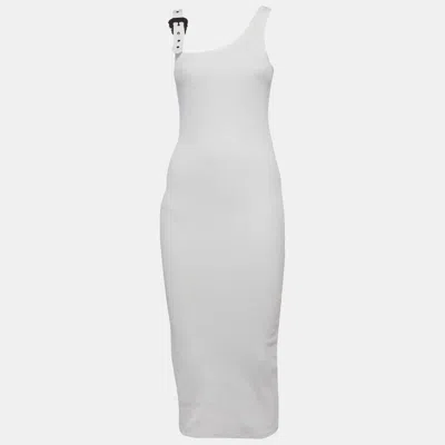 Pre-owned Versace Jeans Couture White Rib Knit Buckle Strap Midi Dress S