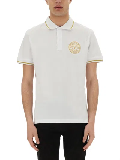Versace Jeans Couture Polo In Cotone Con V-emblem In White