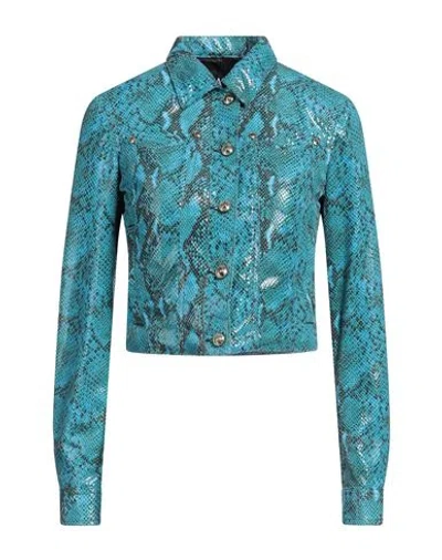 Versace Jeans Couture Woman Jacket Turquoise Size 10 Polyester, Polyurethane Resin In Blue