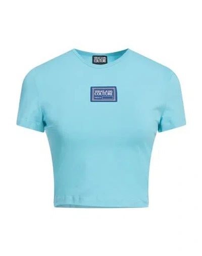Versace Jeans Couture Woman T-shirt Turquoise Size L Cotton, Elastane In Blue