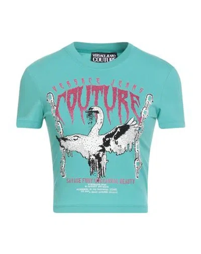 Versace Jeans Couture Woman T-shirt Turquoise Size L Cotton, Elastane In Blue