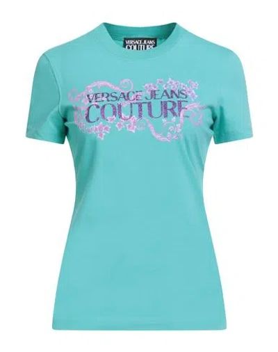 Versace Jeans Couture Woman T-shirt Turquoise Size M Cotton, Elastane In Blue