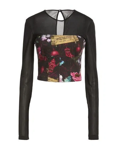 Versace Jeans Couture Woman Top Black Size 8 Cotton, Elastane In Multi