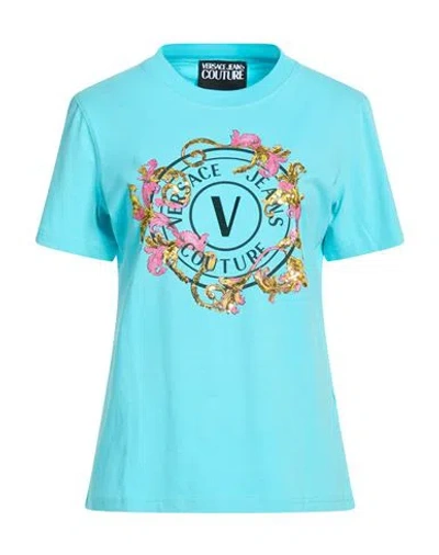 Versace Jeans Couture Woman T-shirt Turquoise Size L Cotton, Elastane In Blue