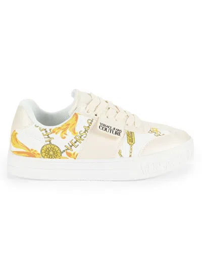 Versace Jeans Couture Women's Baroque Logo Court Sneakers In White Gold