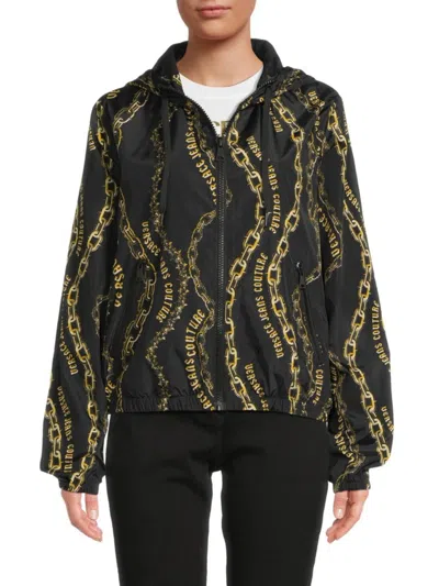 Versace Jeans Couture Women's Chain Logo Hooded Windbreaker Jacket In Black Gold