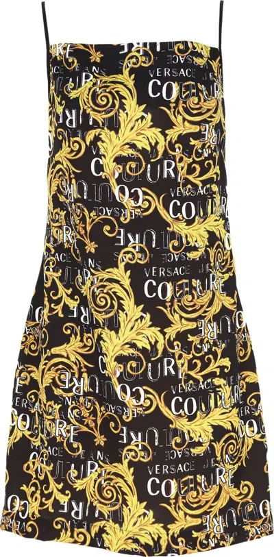 Pre-owned Versace Jeans Couture Women's Dress. Baroque. Logo All Over. Adjustable Straps In Black