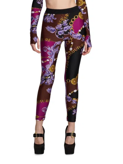 Versace Jeans Couture Women's Logo Band Chain Leggings In Purple