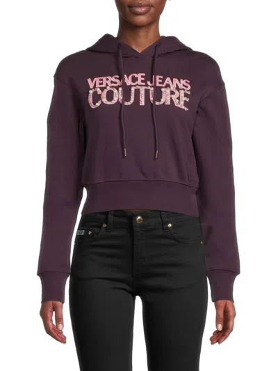 Versace Jeans Couture Women's Logo Embellished Cropped Hoodie In Plum