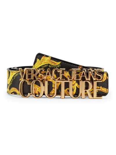 Versace Jeans Couture Women's Logo Slide Buckle Leather Belt In Black Gold