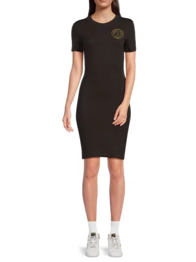 Versace Jeans Couture Women's Logo Stretch Cotton T-shirt Dress In Black Gold