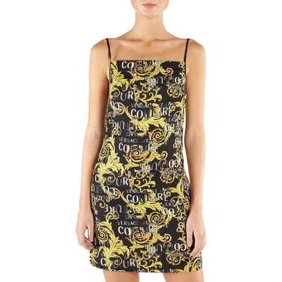 Versace Jeans Couture Logo Print Sleeveless Minidress In Black Gold