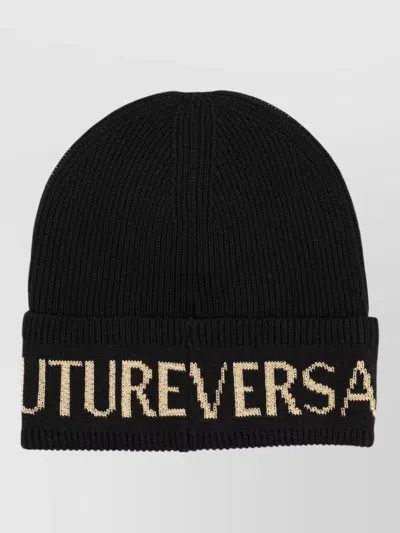 Versace Jeans Couture Wool Acrylic Beanie Ribbed Knit Turn Up In Black
