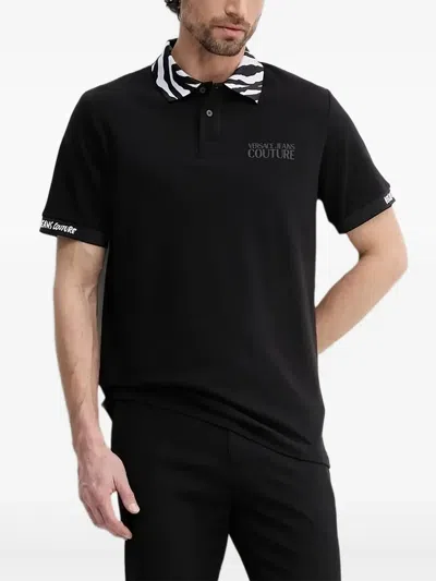 Versace Jeans Couture Zebra Print-collar Polo Shirt In Black