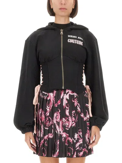 Versace Jeans Couture Zip-up Black Sweatshirt With Laced Side Design