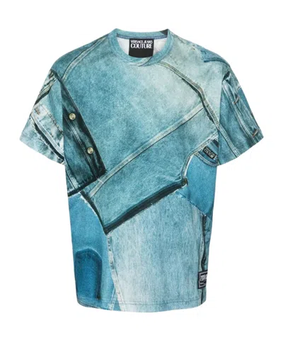 Versace Jeans Denim-print Cotton T-shirt In Multi