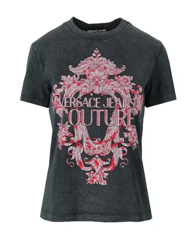 Versace Jeans Embellished Baroque-print T-shirt In Black