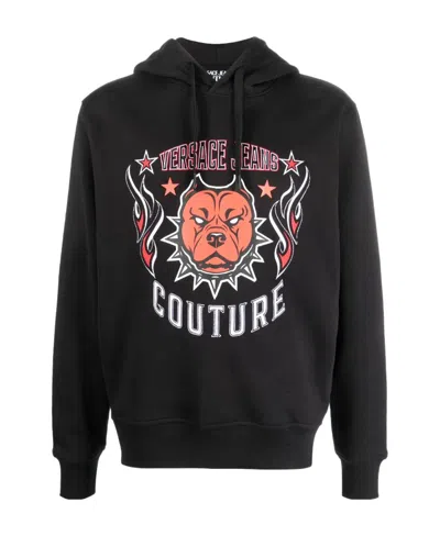 Versace Jeans Embroidered-logo Cotton Hoodie In Black