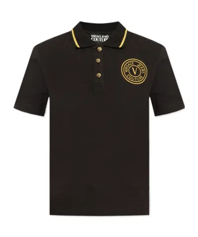 Versace Jeans Embroidered-logo Cotton Polo Shirt In Black