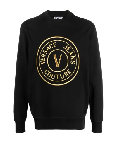 Versace Jeans Embroidered-logo Cotton Sweatshirt In Black