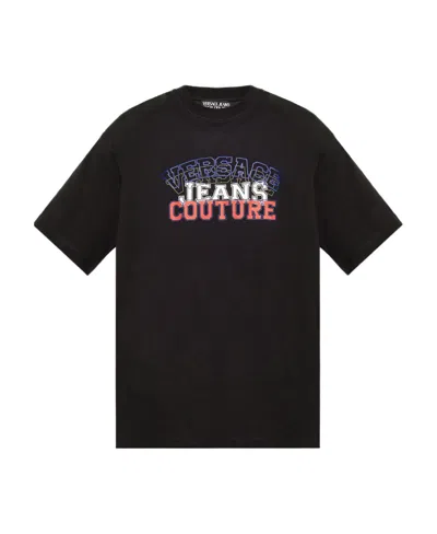 Versace Jeans Flocked-logo Cotton T-shirt In Black