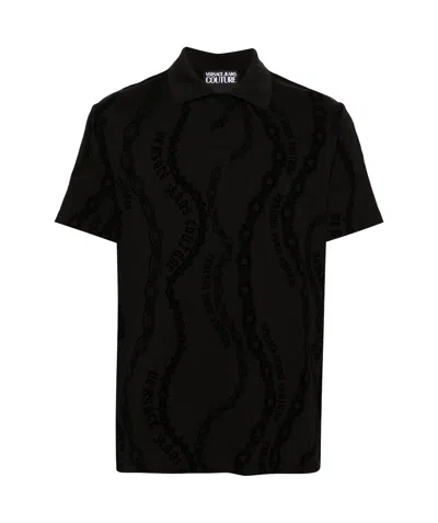 Versace Jeans Flocked-print Jersey Polo Shirt In Black
