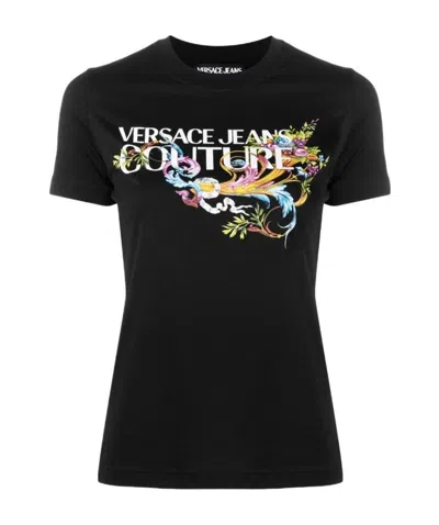 Versace Jeans Floral Logo-print T-shirt In Black