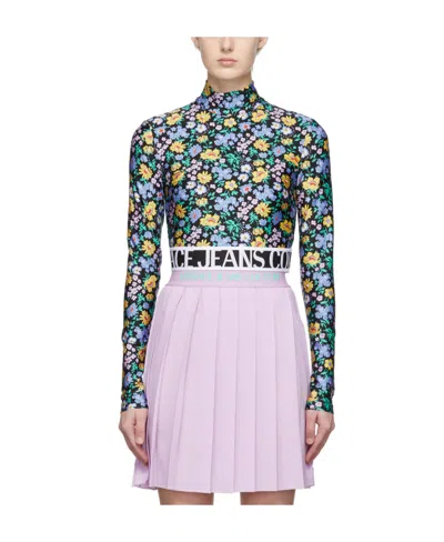 Versace Jeans Flower High-neck Knitted Pullover In Purple