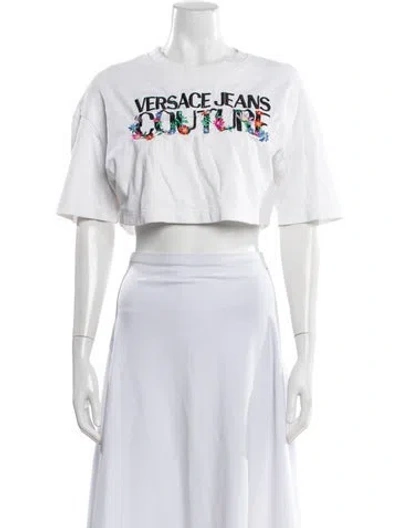 Pre-owned Versace Jeans Graphic Print Crew Neck Crop Top In White