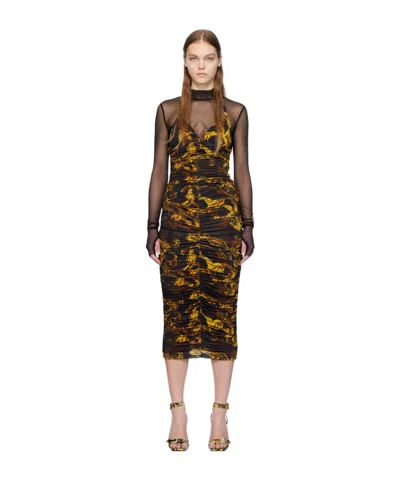 Versace Jeans High-necked Pleated Dress In Brown