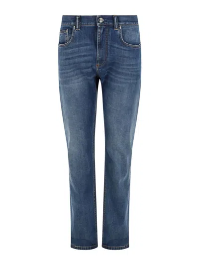 Versace Denim Elastane Cotton Calf Leather Jeans In Blue